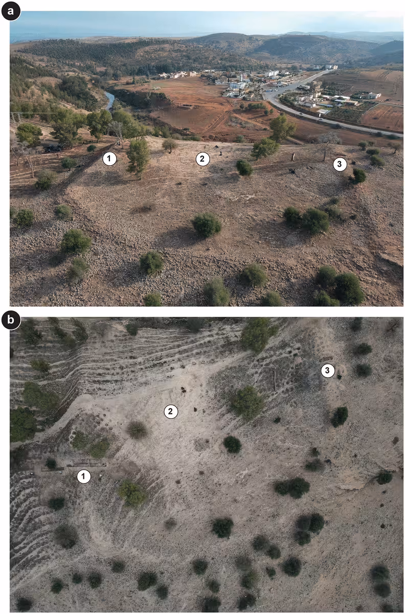 Aerial Views Of The Oued Beht Archaeological Site In Northwestern Morocco, Showing The Hillside Where Researchers Identified Several Defensive Structures And Excavation Areas Marked 1, 2 And 3.