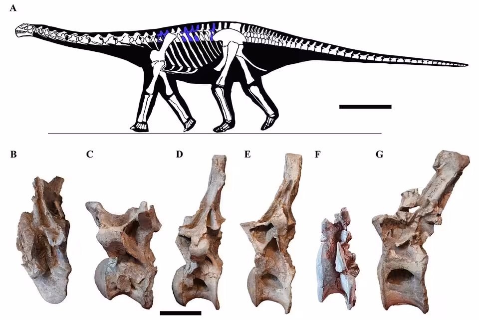 Fossil Remains Of Yantaloong Lini Showing The Preserved Vertebral Elements And Skeletal Reconstruction.