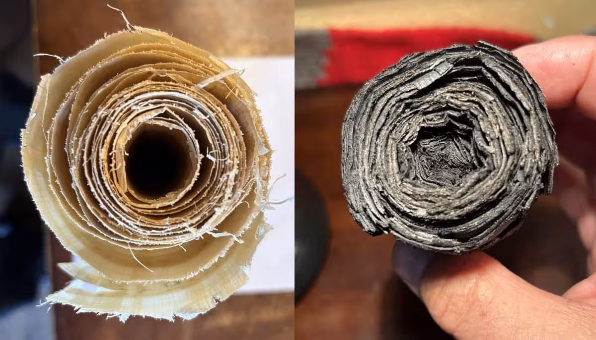 A Modern Papyrus Scroll Before And After Carbonization In A Low Oxygen Chamber.