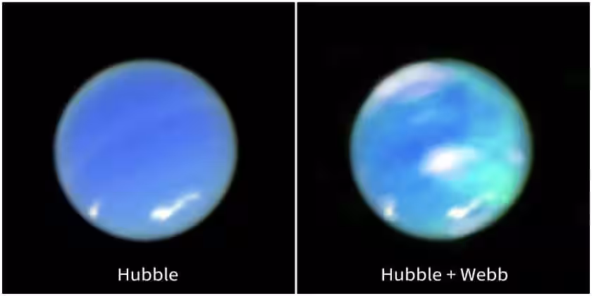 Left Enhanced Color Image Of Neptune From Hubble. Right Combined With Data From James Webb.