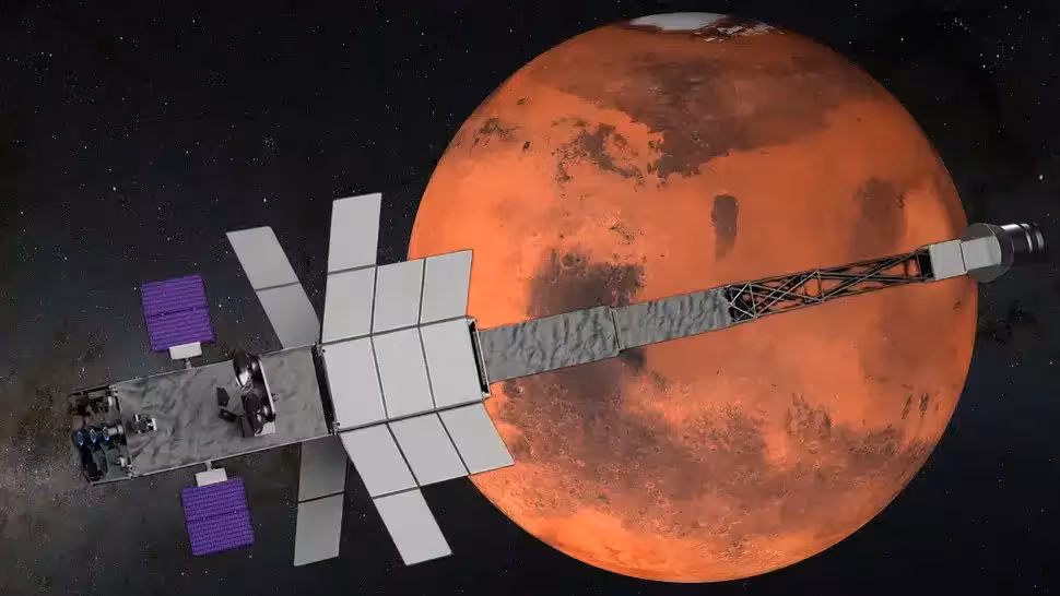 An Illustration Of Nasa's Sr 1 Freedom Spacecraft Carrying Skyfall Helicopters To Mars.
