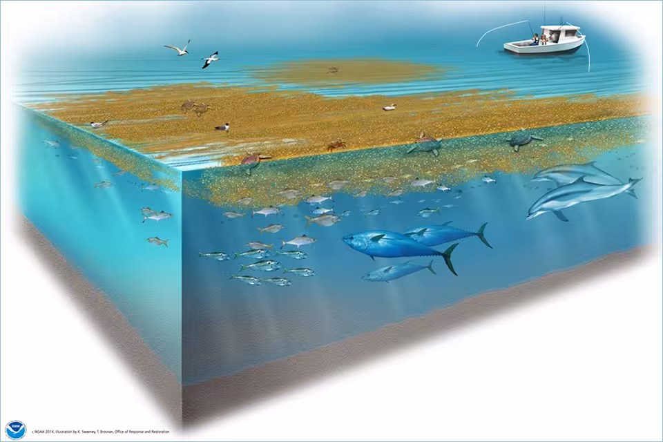 The Sargasso Sea, located entirely within the Atlantic Ocean, is the only sea without a land boundary. Illustration of sargassum and associated marine life