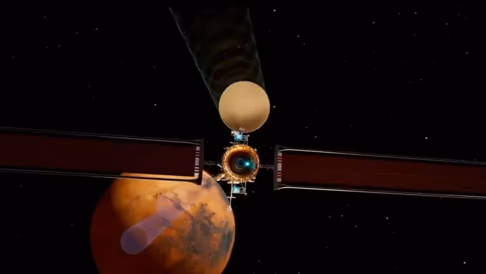 A Visualization Of Blue Origin’s Planned Mars Telecommunications Network Orbiter In Orbit Around The Red Planet.