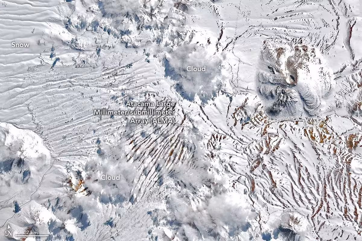 Rare Snowfall Covers The Chajnantor Plateau Around The Alma Observatory In August 2026.