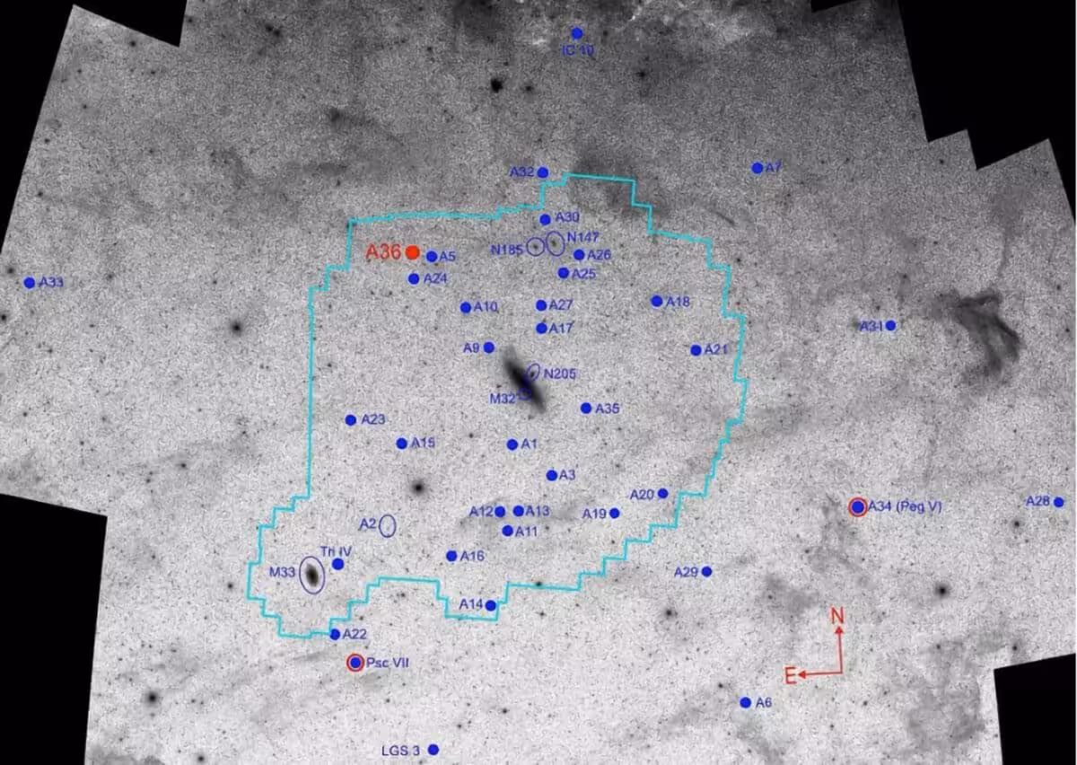 Annotated Wide Field Map Of The Andromeda Galaxy’s Satellite System, Highlighting The Position Of The Newly Identified Dwarf Galaxy Andromeda Xxxvi (a36).