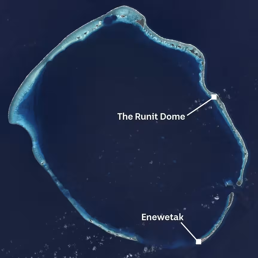 A satellite image of Enewetak Atoll shows the location of the Runit Dome and Enetewak Island.