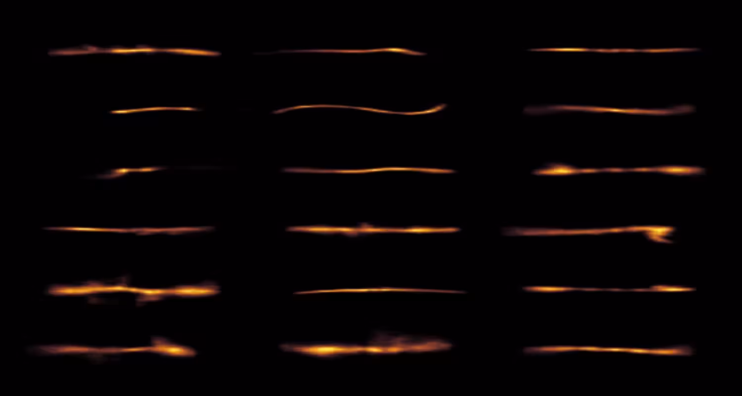 A selection of virtual stellar streams shows the variety of bends, wiggles, kinks and gaps that the simulations produced. Out of roughly 15,000 streams, only 70 were featureless.