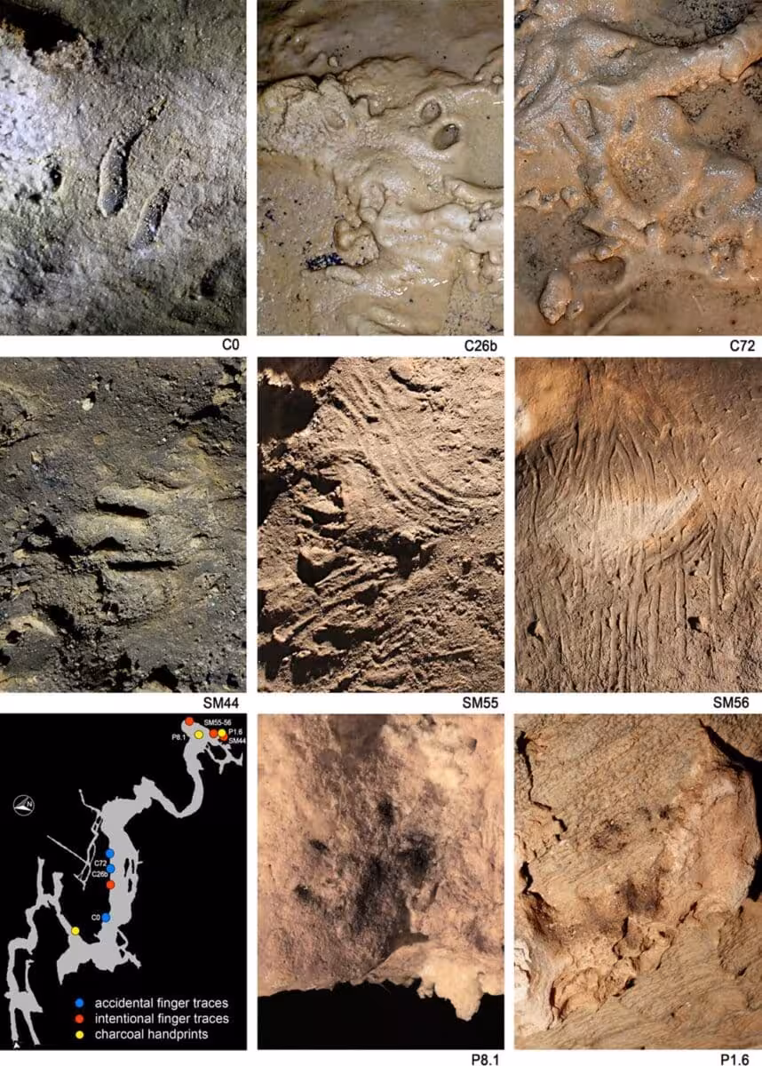 This Image Showcases Various Human Handprints And Finger Traces Discovered In A Cave
