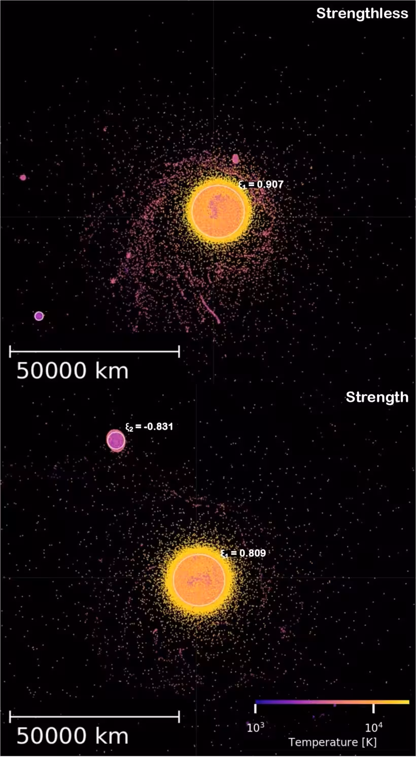 New modeling that accounts for material strength revealed fundamental changes in how the moon forms after a giant collision between a Mars-sized impactor and Earth. Simulations that neglect strength (top) produce a debris disk that forms the moon over time while those factoring in strength (bottom) can produce an intact moon right from the start.