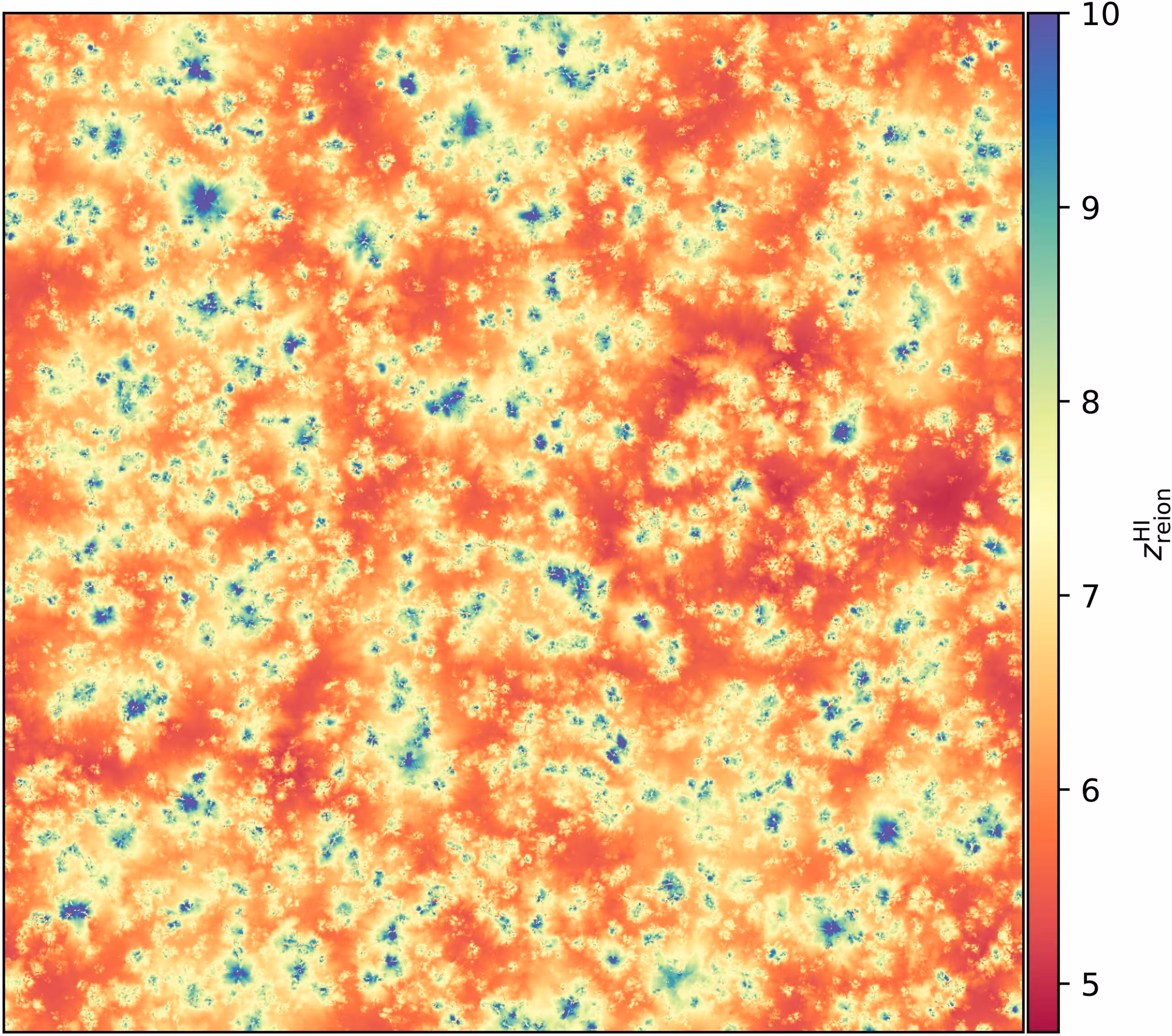 Hydrogen reionization redshift in a single-cell slice through the midplane of the simulation box. We define the reionization redshift of each grid cell as the last time at which the local neutral-hydrogen fraction exceeded 1%, using a Cartesian grid with resolution. 