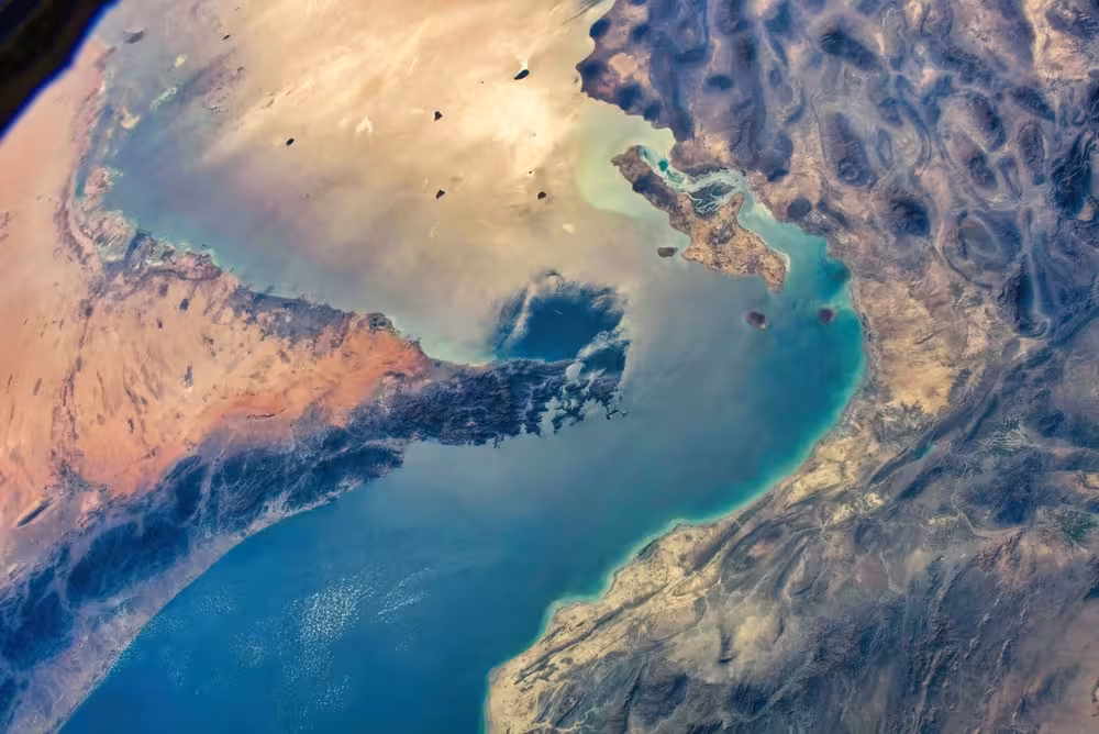Photo from satellite showing the Strait of Hormuz by Iran, key global oil transit route and maritime chokepoint in the Gulf region.