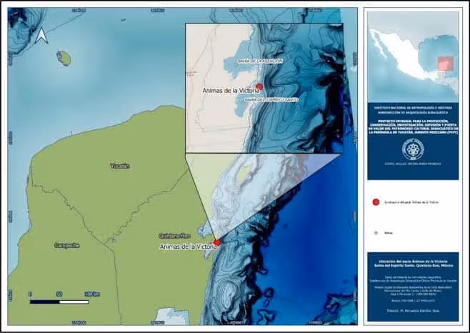 Map Showing The Location Of The Ánimas De La Victoria Shipwreck In Espíritu Santo Bay, Off The Eastern Coast Of The Yucatán Peninsula, Mexico.