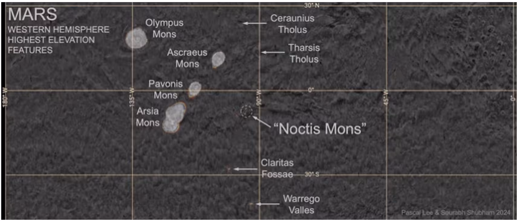 Topographic map highlighting Noctis Mons, a towering Martian volcano reaching 9,028 meters and ranking as the planet’s seventh-highest elevation feature.