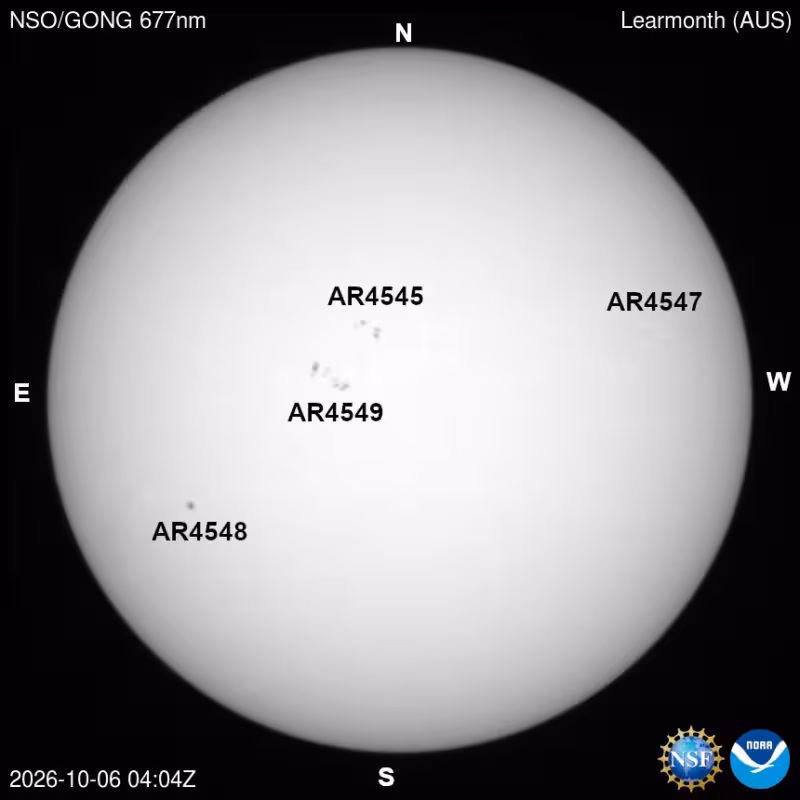 Visible Light View Of The Sun On October 6, 2026, Highlighting Active Regions Including Ar4549.