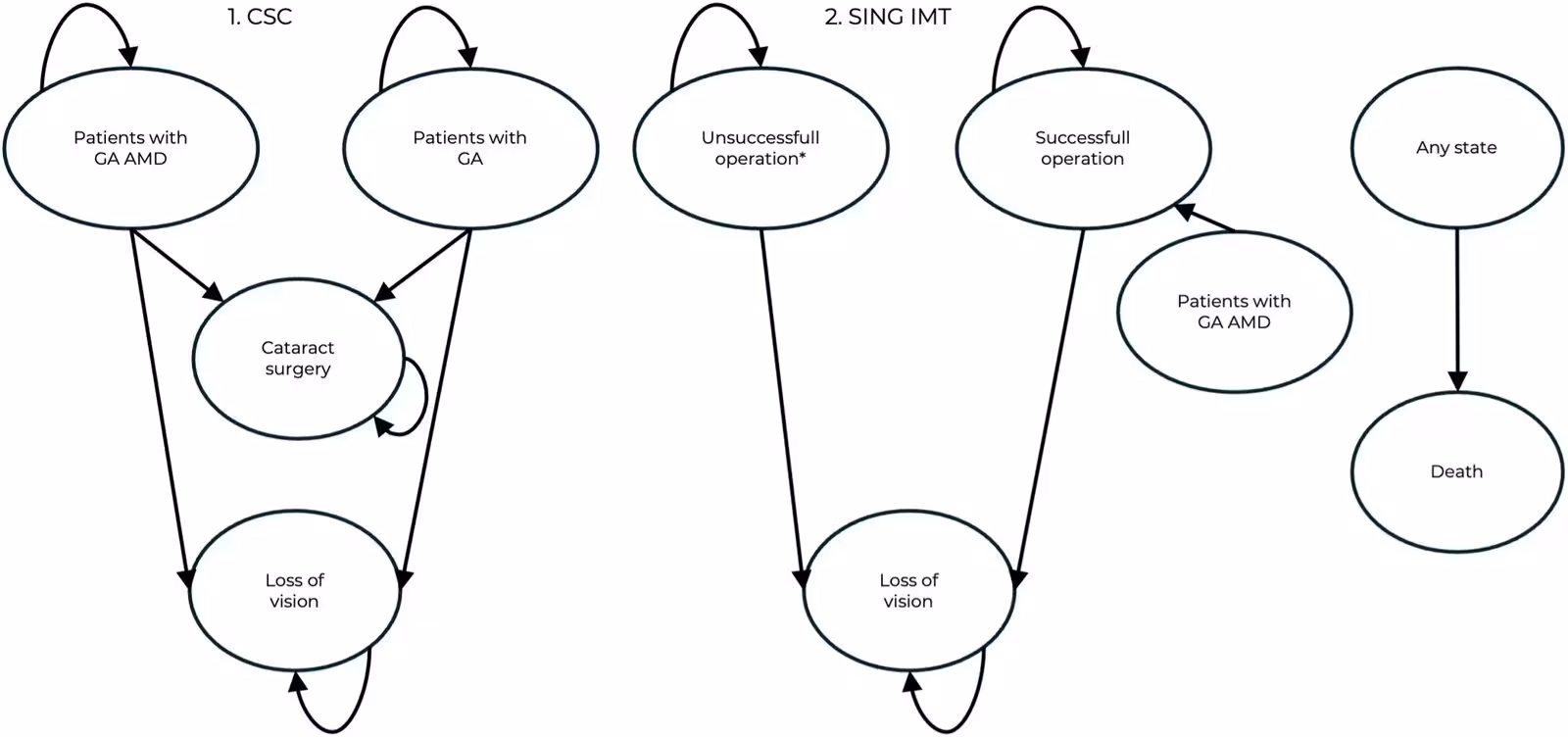 Figure 1: Graphical representation of the Markov model for each strategy. AMD = age-related macular degeneration; CSC = conventional standard of care; GA = geographic atrophy; SING IMT = smaller-incision new generation implantable miniature telescope.