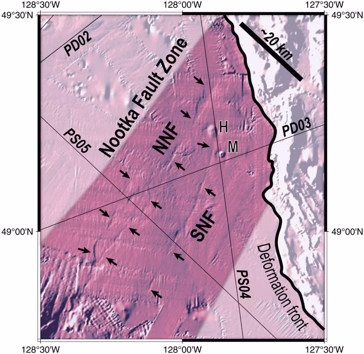 Map Of Seafloor Scarps Associated With Active Nootka Fault Zone (nfz) Deformation.
