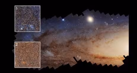 Areas With More Recent Star Formation (1) Appear Noticeably Bluer Than Regions Where Star Formation Has Slowed (2).