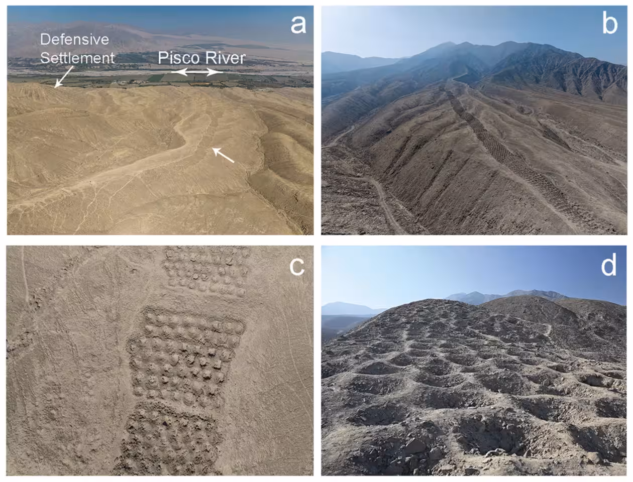 Aerial photographs of the Band of Holes and its surrounding environment (a-c) and ground-level photograph of the holes (d)