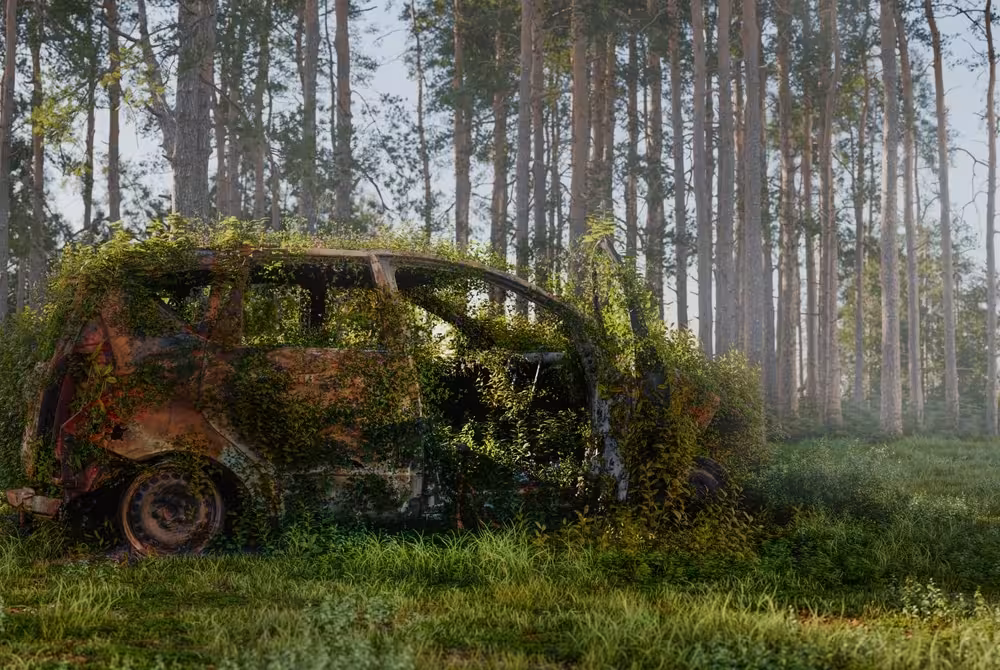 Old,abandoned,rusty,car,in,the,forest,,3d,illustration