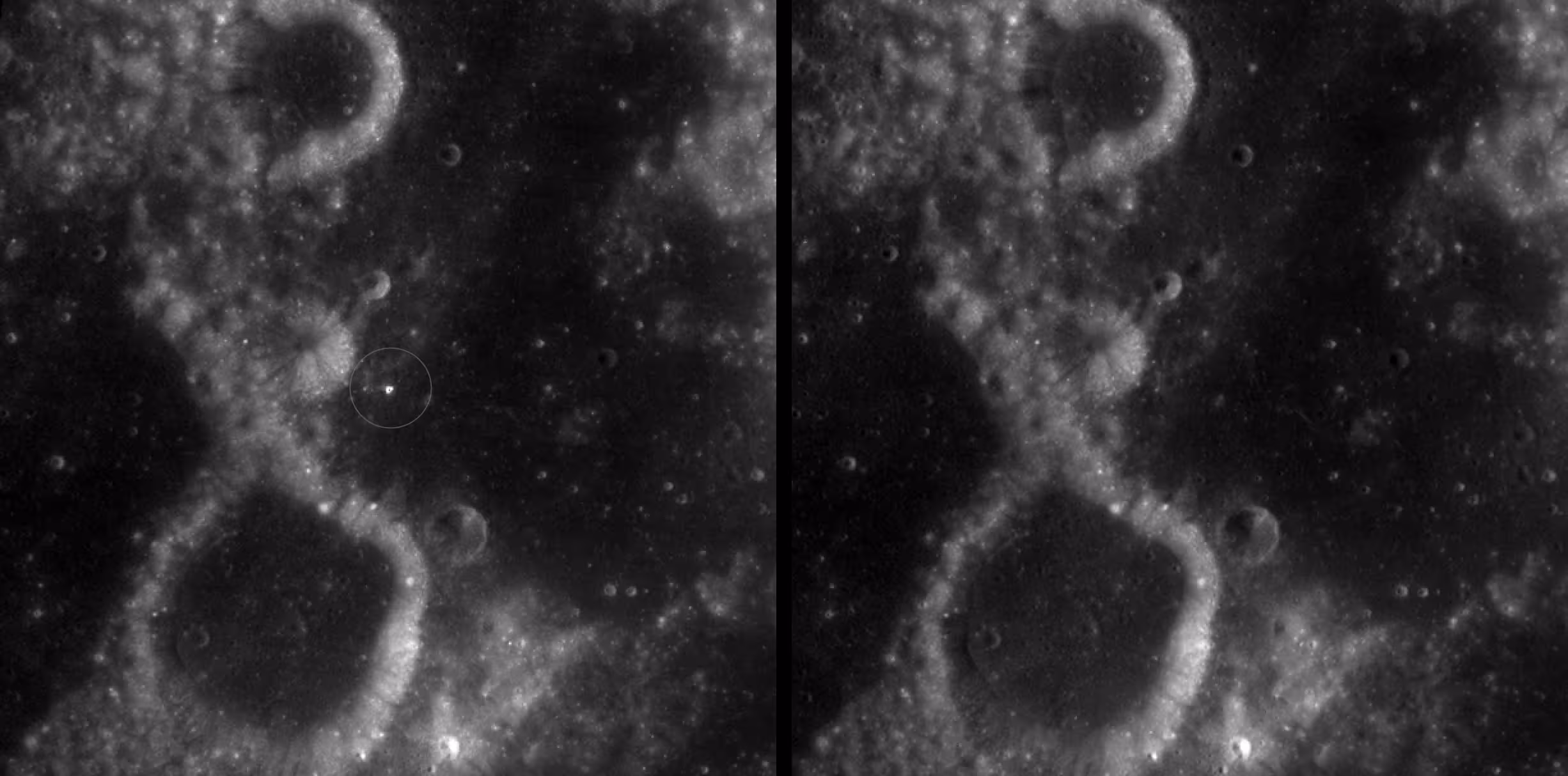 A zoomed-in view of McGetchin crater, circled on the left, next to a “before” image on the right. The panel on the left is made from images captured by NASA’s Lunar Reconnaissance Orbiter Wide-Angle Camera in summer 2025