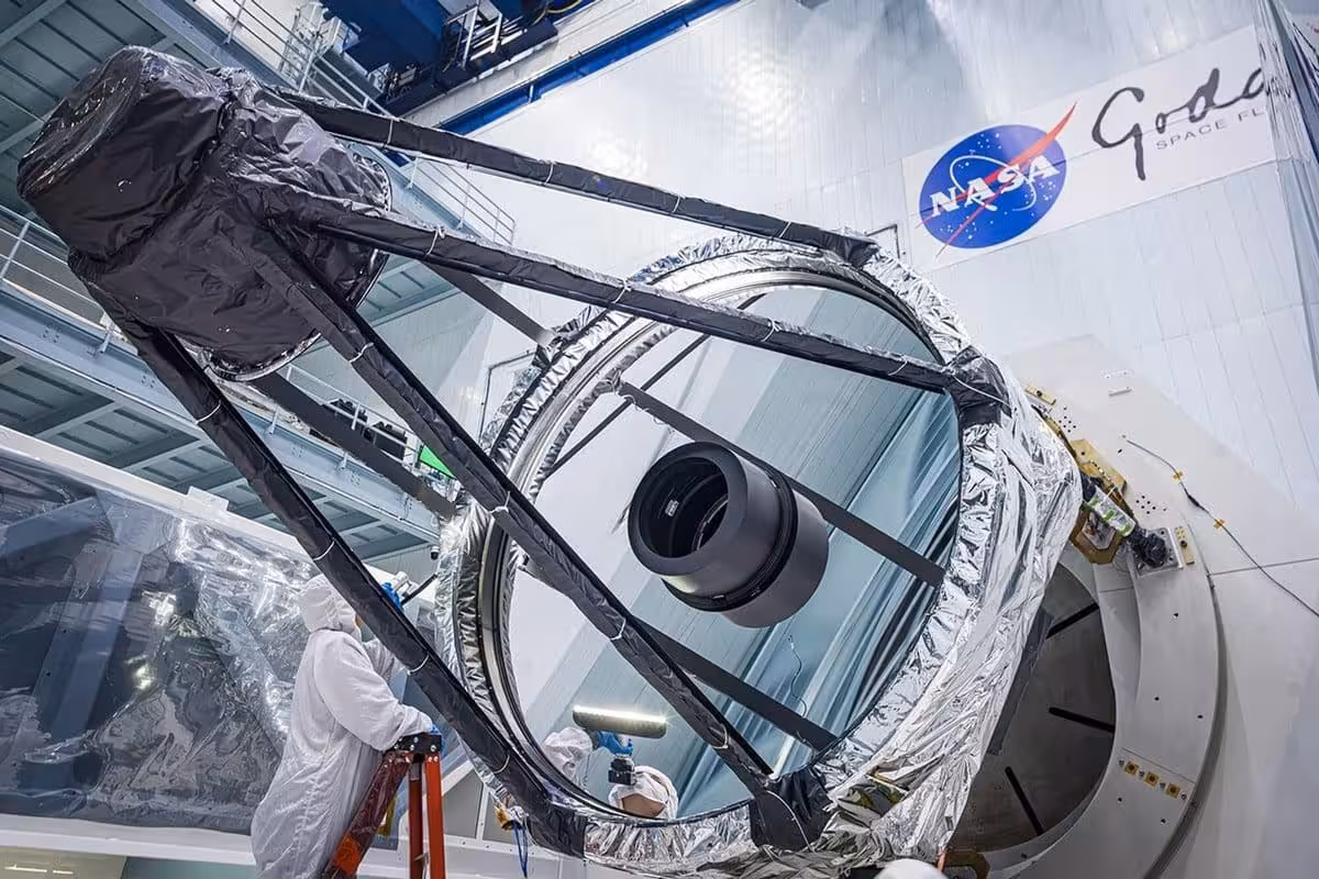 Engineers Inspect The Primary Mirror Of Nasa’s Nancy Grace Roman Space Telescope During Assembly At Goddard Space Flight Center
