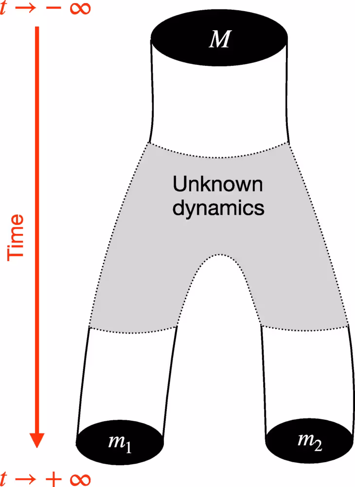 Diagrammatic representation of an asymptotic spacetime containing a single black hole of mass M evolving into a configuration of two black holes with masses m1 and m2 via an unknown dynamics. If a continuous horizon connects the two states, it has the topology of a “pair of pants.” 