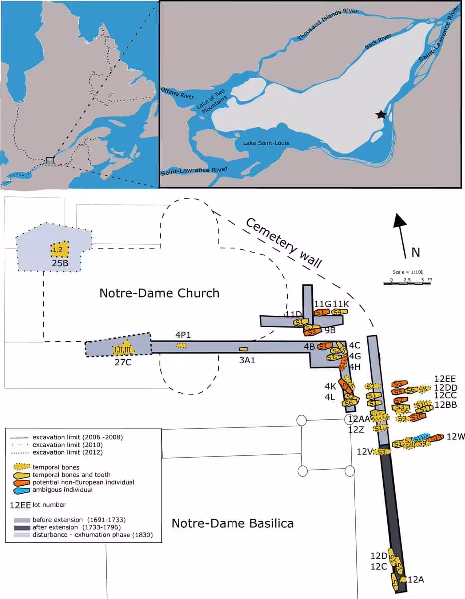 Map Of Montreal’s Notre Dame Cemetery Showing Excavation Sites And Historic Burial Locations.