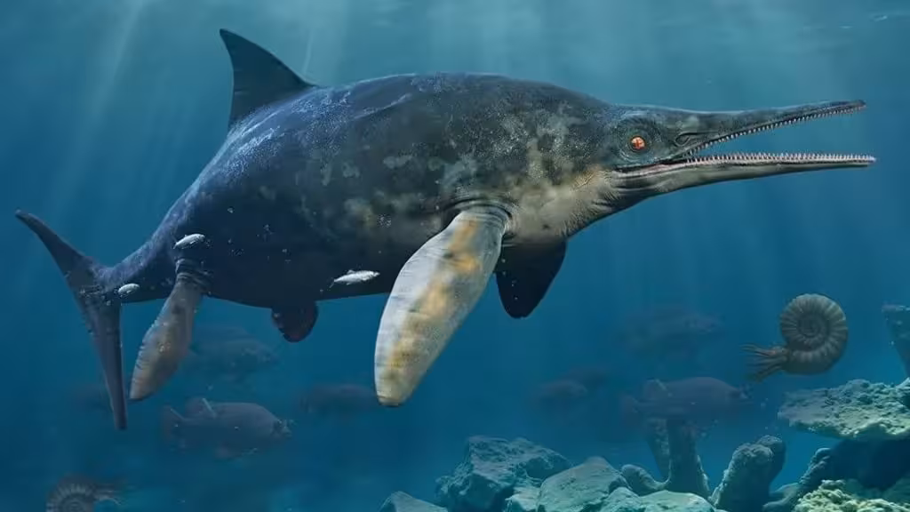 An Artist’s Reconstruction Of A Giant Ichthyosaur Swimming Through The Jurassic Seas.