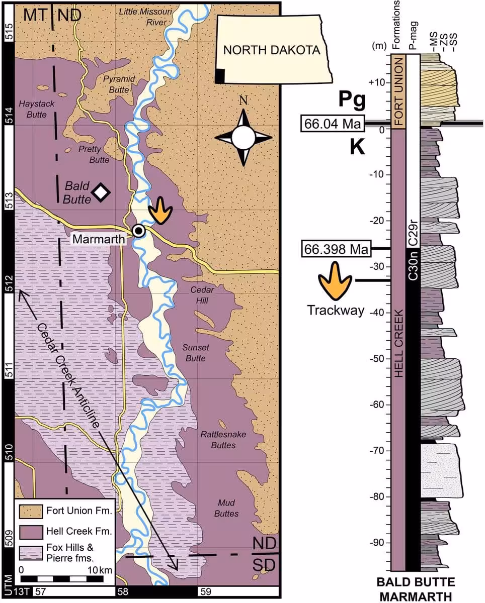 Geological Map Showing The T. Rex Trackway Site In North Dakota.