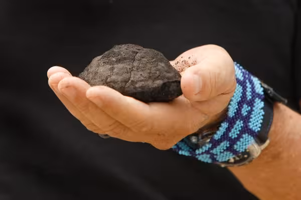 A hand holds a polymetallic nodule brought up from the sea floor
