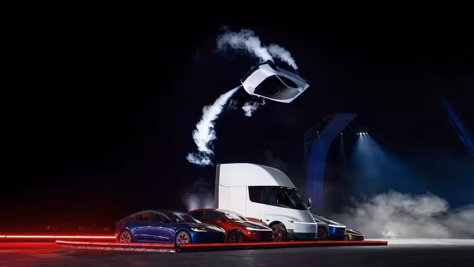 Tesla's Next Gen, Thruster Equipped Roadster Launches Itself Over Other Vehicles During An Unveiling Event On Oct. 15, 2026.