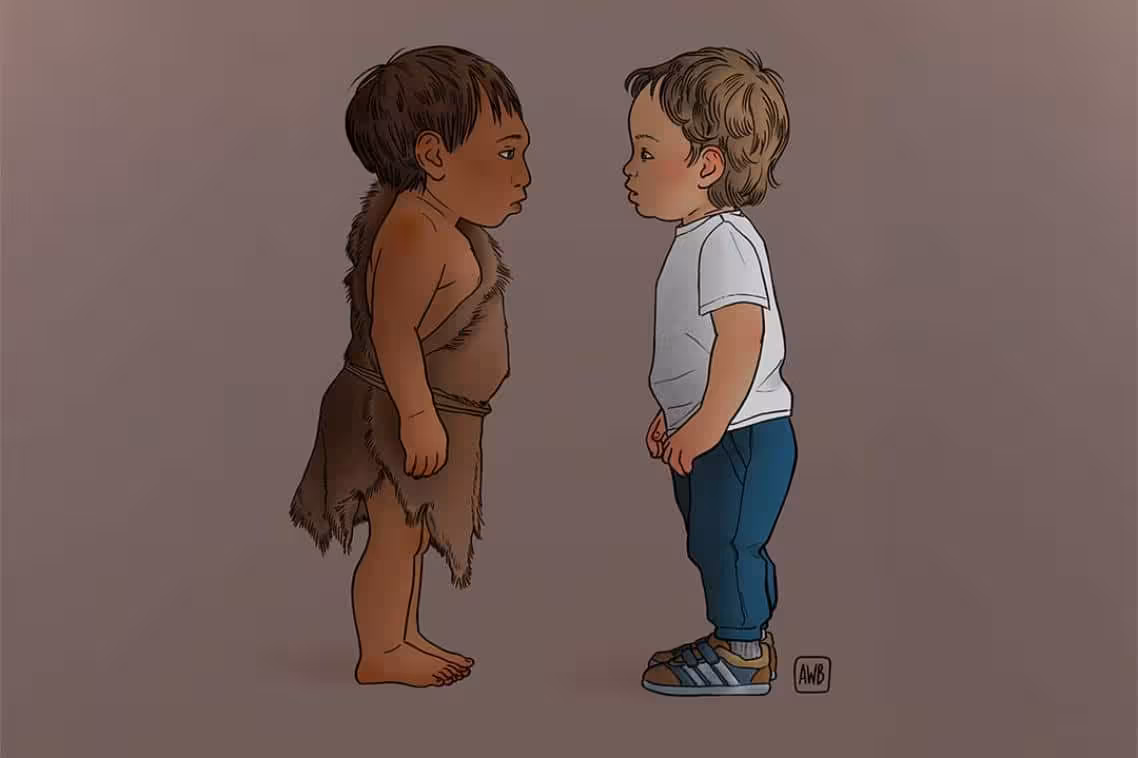 Side By Side Illustration Of A Neanderthal (left) And A Modern Human (right).