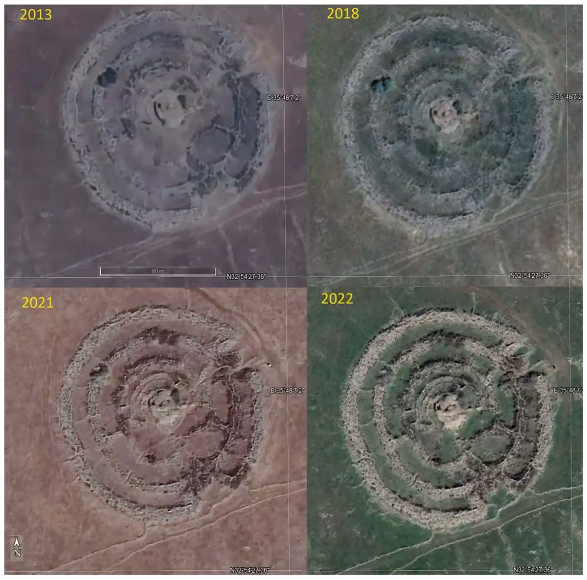 Satellite Images Of Rujm El Hiri Taken Between 2013 And 2022 Reveal Its Distinctive Concentric Stone Circles From Above.