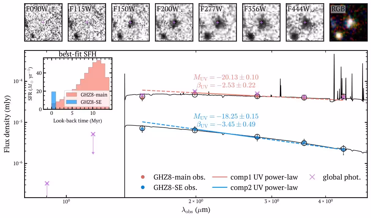 Figure 5: Top panel: Images of GHZ8, with the purple cross marking its position in the public catalog. The RGB image is F200W-F277W-F444W color image. The cutout size is 1.4″×\times 1.4″. Bottom panel: Decomposed SEDs of the GHZ8-main and SE components and their best-fit BC03 models. The red and blue points show the GALFITM decomposed photometry for the main and SE components, respectively. The red and blue curves show the power-law continua derived from their UV slopes. The UV slopes are measured from the F200W and F277W fluxes, so the line segment between these two bands is solid, while the extrapolated parts are dashed. The upper-left inset shows the best-fit SFH.