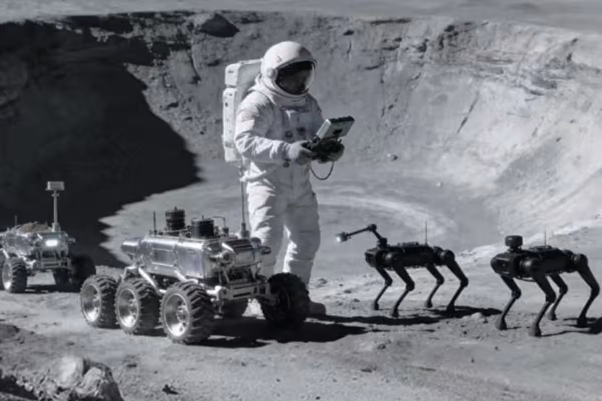 Concept Image Of An Astronaut Working Alongside Wheeled Rovers And Quadruped Robots On The Lunar Surface