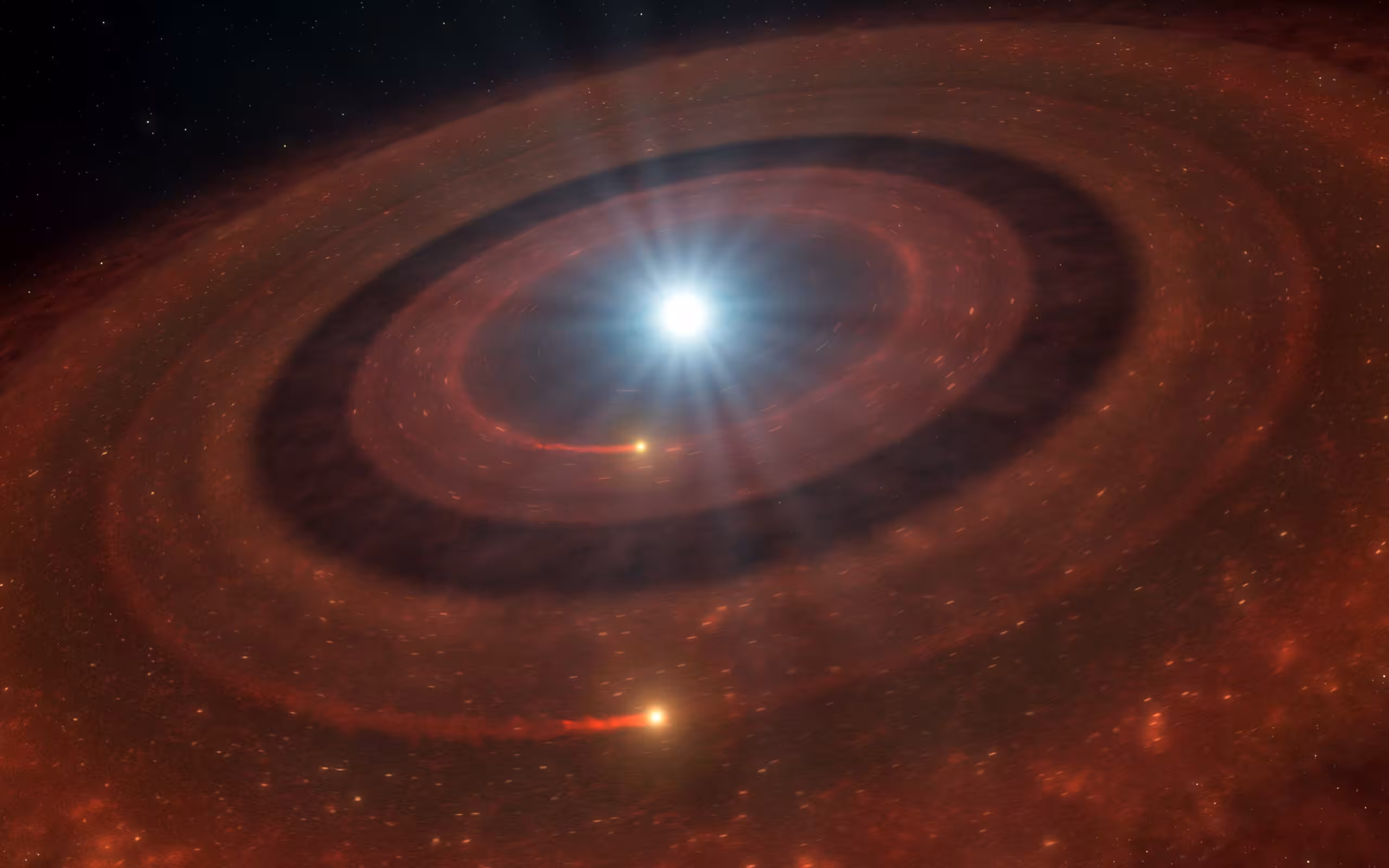 This illustration shows a debris disc around the white dwarf J1328−1450 –– the dead core of a star similar to our Sun that expelled its outer layers at the end of its lifetime.