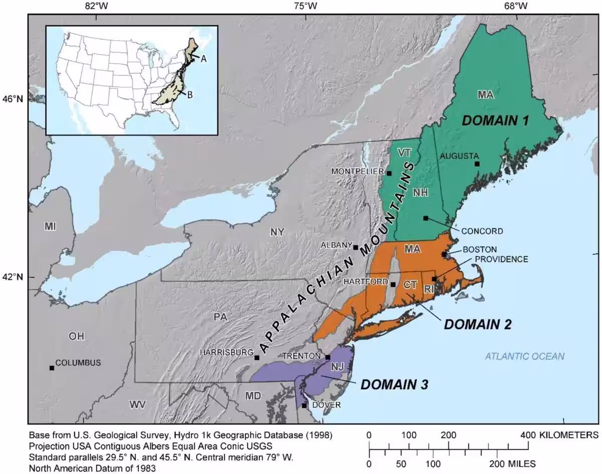 Map Showing The Northern Us Appalachians Study Area And The Three Domains Delineated From The Study Area For The Assessment