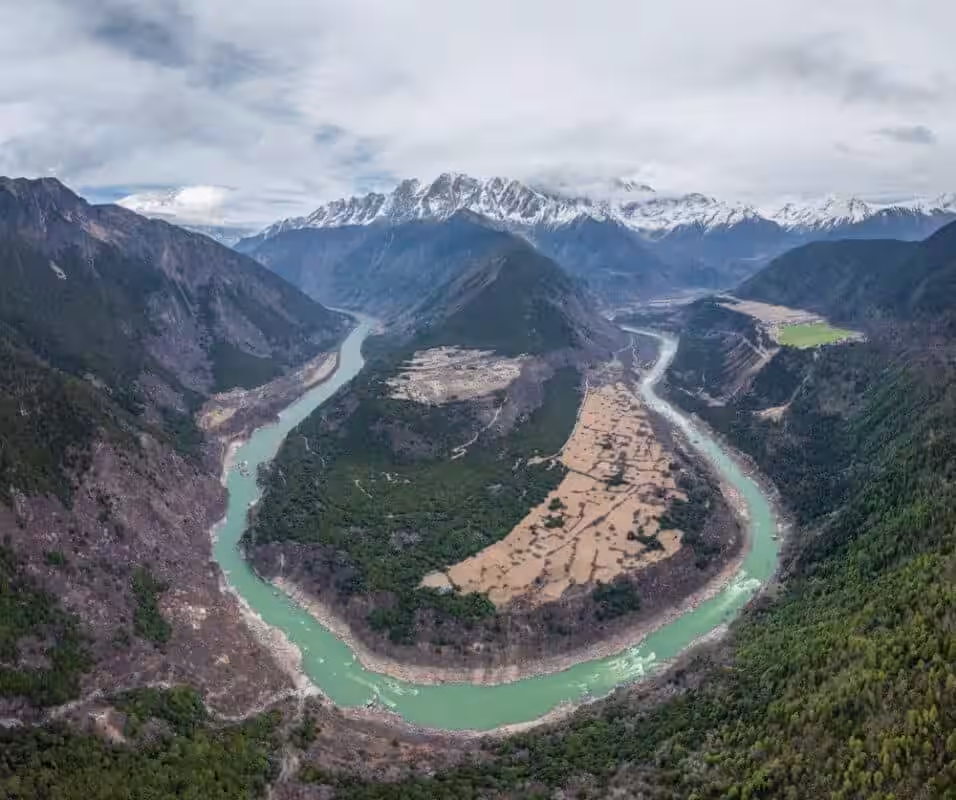 Aerial view of the Great Bend of the Yarlung Zangbo River, Nyingchi, Tibet.
