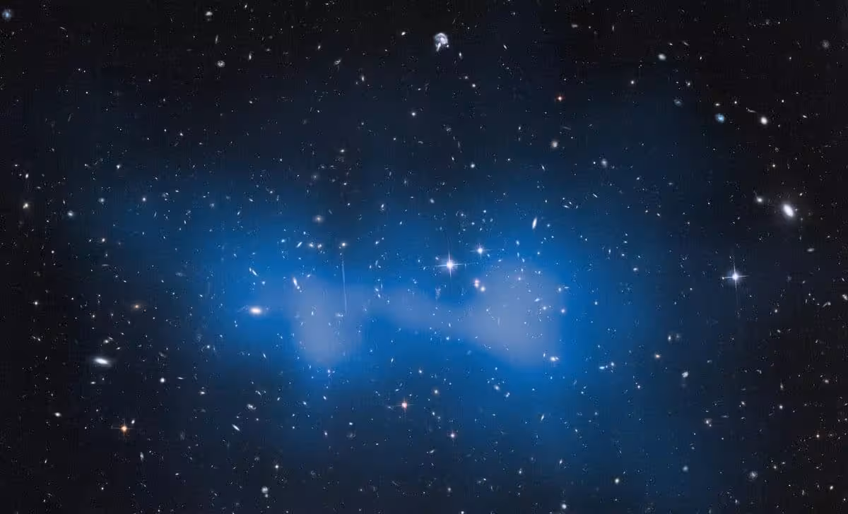 The El Gordo Galaxy Cluster Captured By Hubble, With Dark Matter Mapped In Blue.