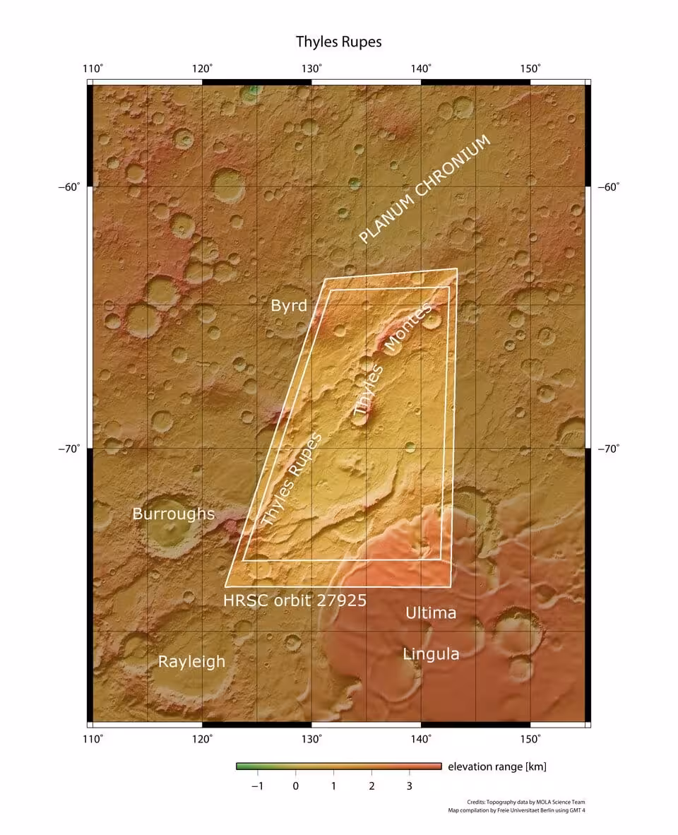 Topographic Map Of Thyles Rupes On Mars, Showing The Region’s Terrain, Elevation Changes And Nearby Geological Formations.