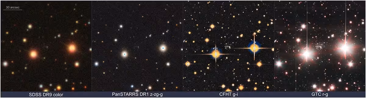 Multi Band View Of Andromeda Xxxvi Across Surveys And Instruments Sdss, Pan Starrs, Cfht, And Gtc Imaging, From Left To Right, Showing Increasing Resolution Of The Ultra Faint Dwarf Galaxy.