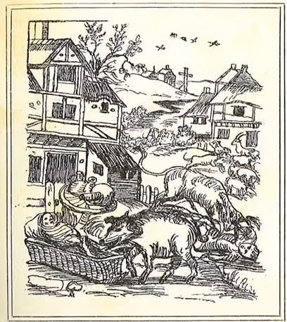 Black and white sketch of rural village with animals and houses.