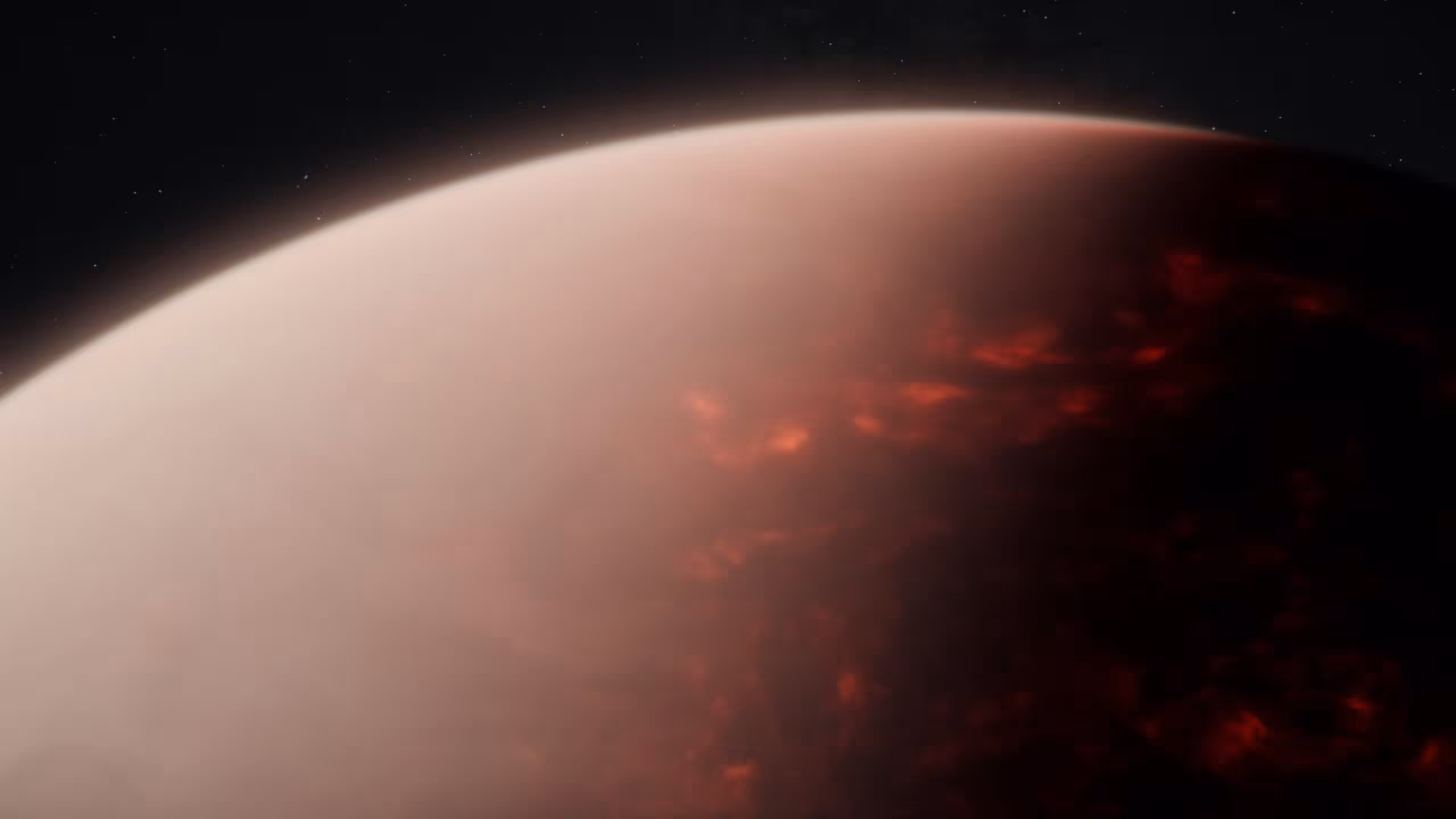 This artist’s concept shows what a thick atmosphere above a vast magma ocean on exoplanet TOI-561 b could look like. Measurements of light captured from the planet’s dayside by NASA's James Webb Space Telescope suggest that in spite of the intense radiation it receives from its star, TOI-561 b is not a bare rock. 