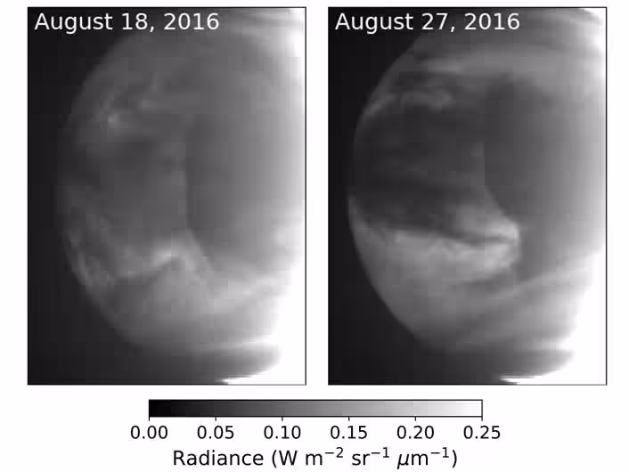 These images taken on Aug. 18 (left) and Aug. 27 (right), 2016, by the near-infrared camera on Japan's Akatsuki Venus probe, show the clear line of denser (darker) clouds moving across the planet. Credit: Journal of Geophysical Research: Planets (2026). DOI: 10.1029/2026je009672
