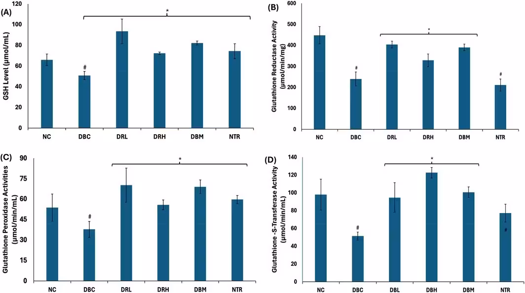 FIGURE 3: Effect of Gracilaria gracilis SPs on (A) GSH level, (B) glutathione reductase, (C) glutathione peroxidase, and (D) glutathione‐s‐transferase activities in hepatic tissues of T2D rats. Values = mean ± SD; n = 6. *Statistically significant (p < 0.05) to DBC; #statistically (p < 0.05) significant to NC.