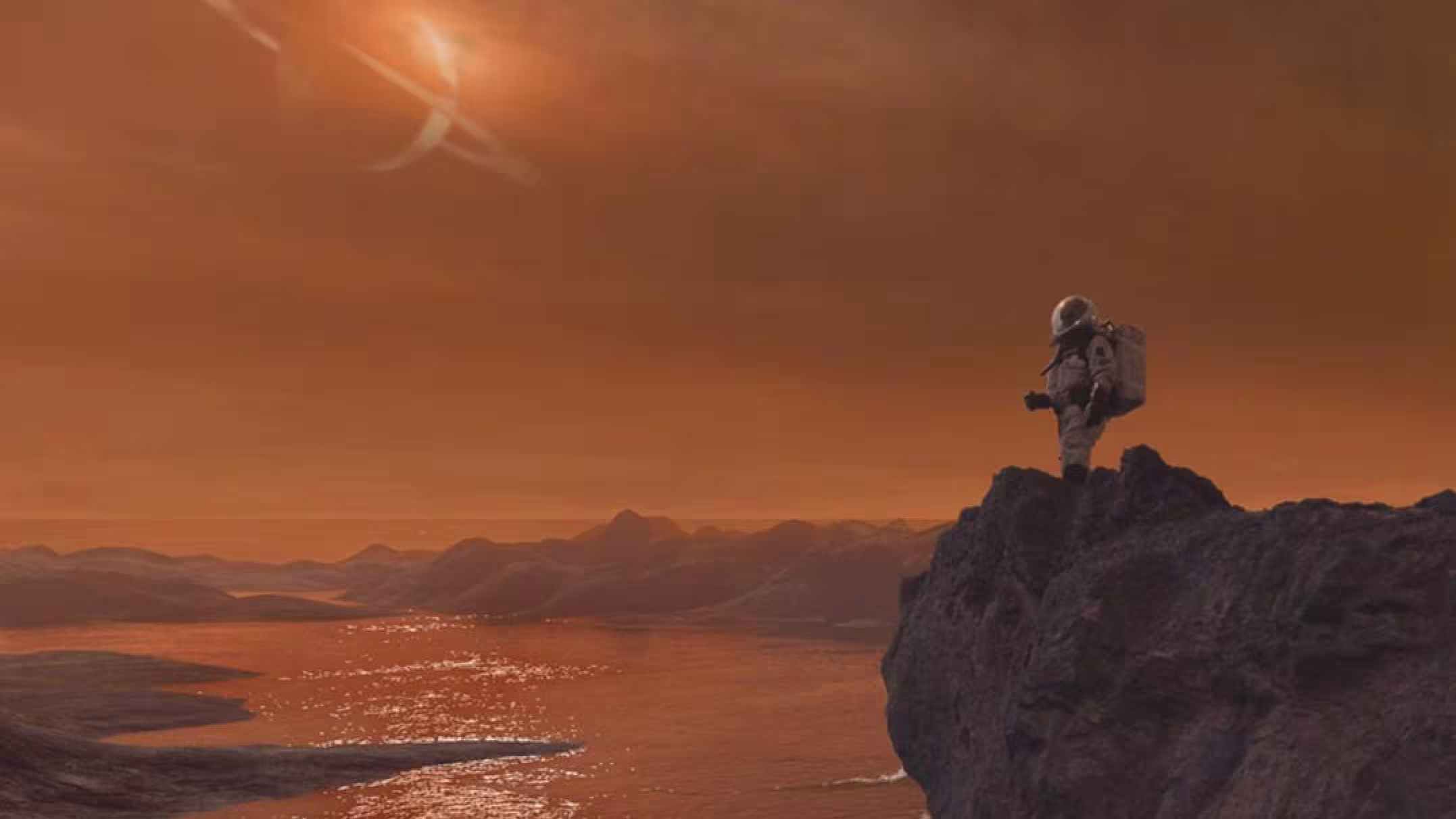 illustration of an astronaut in a white spacesuit standing next to a lake on an alien world with orange skies
