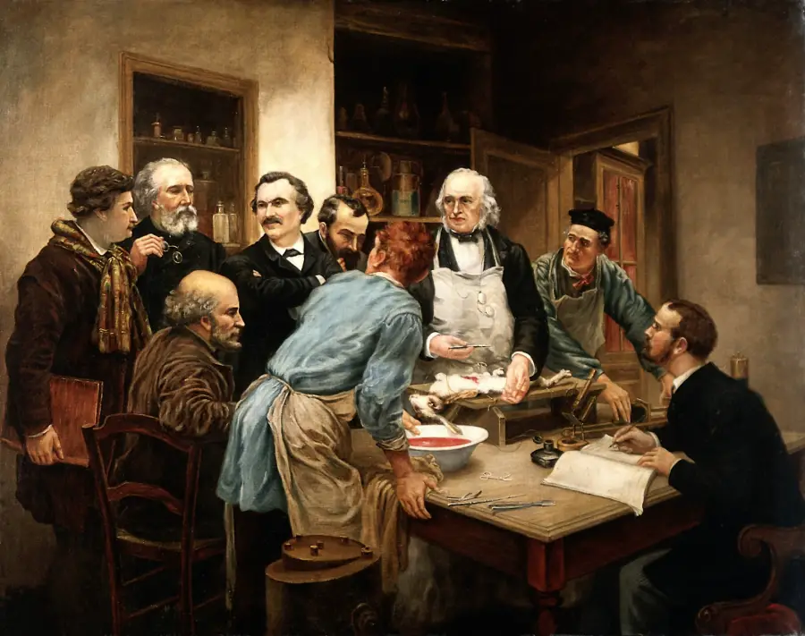 Oil painting depicting Claude Bernard, the father of modern physiology, with his pupils