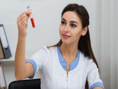 Female doctor looking at a blood sample.