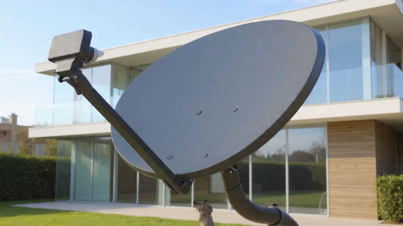The dish’s parabolic curve collects weak, parallel satellite signals and focuses the energy onto the feed horn/LNB at its focal point.