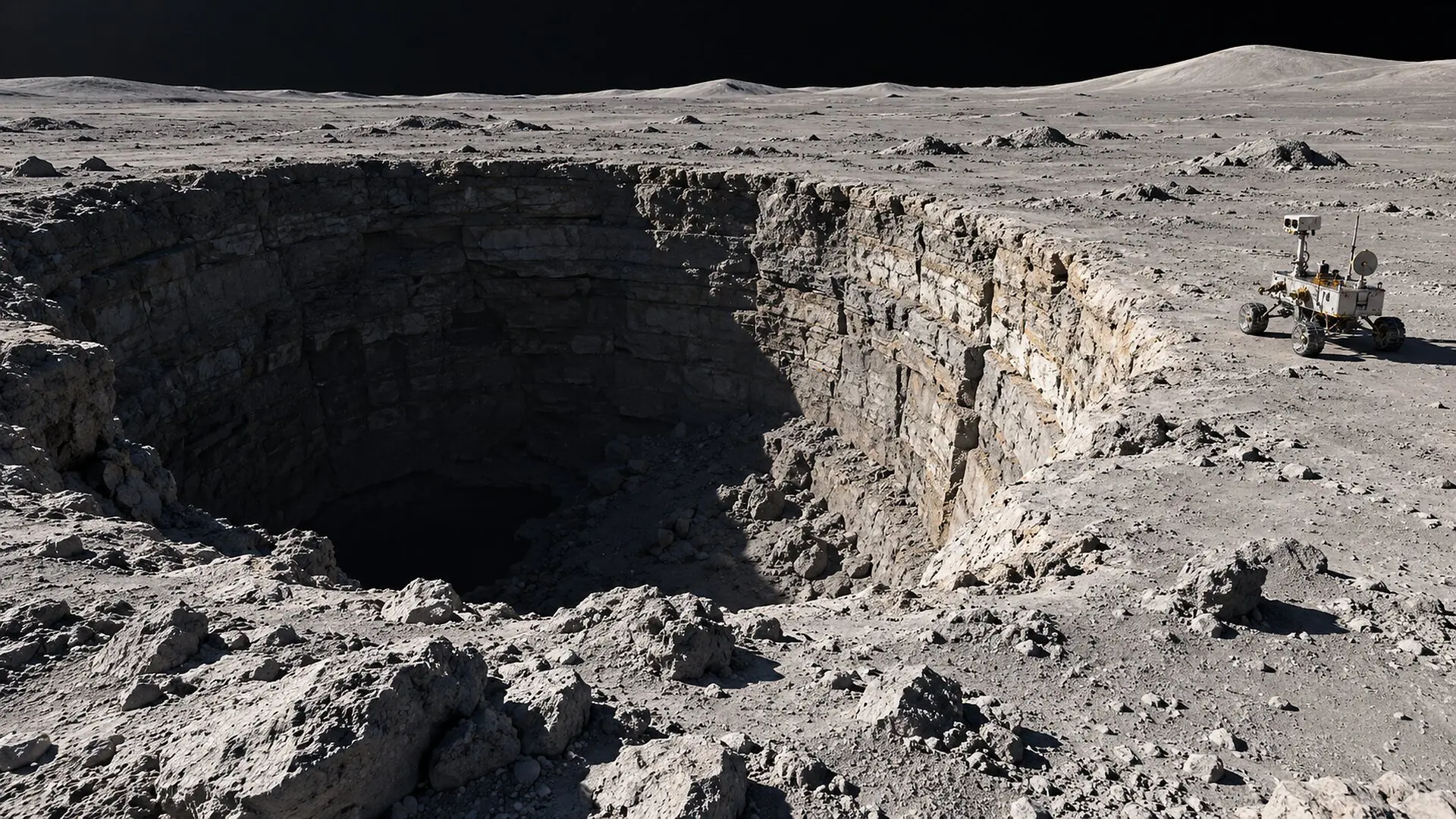 NASA selected GIMLI to search for a lava tube beneath the Marius Hills Pit, a potential natural shelter for future astronauts. (CREDIT: The Brighter Side of News)